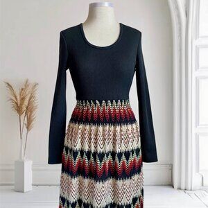Vintage 70s Black and Zigzag Multicolor Woven Bohemian Maxi Sweater Dress